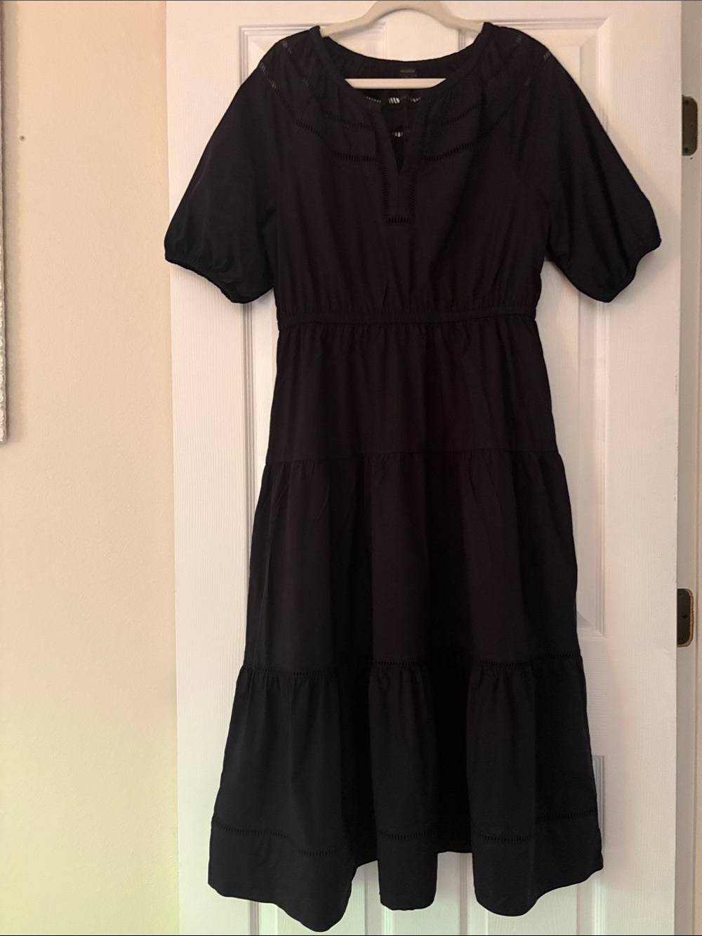 Ann Taylor Black Tiered Midi Dress with Puff Sleeves and Eyelet Detail